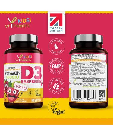 Kids Vitamin D3 1000 iu High Strength - Raspberry Flavour Chewables for 4-12 Years - Vegan Society Registered - 2 Months Supply - Made in UK - Buy Online on GoSupps.com