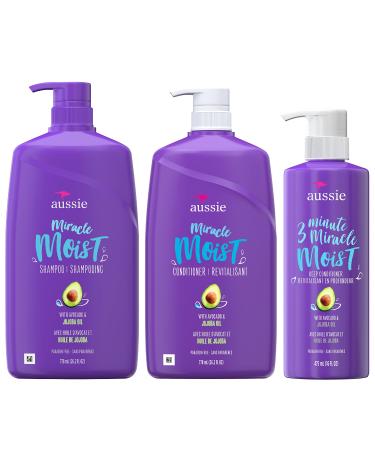 Aussie Miracle Moist Shampoo, and 3 Minute Miracle Deep Conditioner Hair Treatment Bundle, Infused with Avocado & Australian Jojoba Oil, Paraben Free, White, Citrus, 3 Piece Set