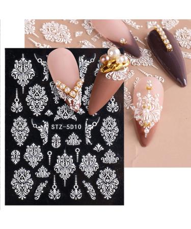 Lace Flower Nail Art Stickers Decals - 5D Self-Adhesive Design for Wedding Nails - Embossed Rose White Sliders - Acrylic Engraved Decals for Manicure - Women's 3D Nail Foil Sticker Decor - Buy Online on GoSupps.com