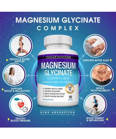 3X Bottles Magnesium Glycinate Complex 525mg High Absorption Chelated Formula for Muscle Relaxation & Recovery - Vegan 90 Capsules - Buy Online on GoSupps.com