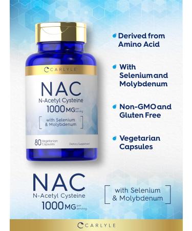 Carlyle NAC Supplement 1000mg - N-Acetyl Cysteine with Selenium & Molybdenum 80 Veg Capsules Non-GMO & Gluten Free - International Shipping - Buy Online on GoSupps.com