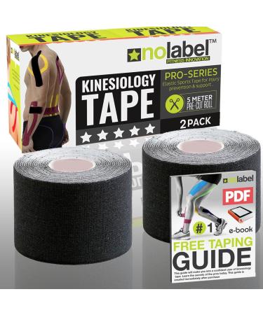 NO LABEL Black Pre Cut Kinesiology Tape - 5m Roll Pre-Cut Black Body Tape - Black Sports Tape - Black Medical Tape - Black Physio Tape - Black Muscle Tape For Muscle Recovery - Free PDF Taping Guide Black 2 x Rolls