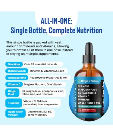 Ashwagandha & Turmeric Liquid Drops - Vitamin C, Sea Moss, Apple Cider Vinegar, Bladderwrack - Vegan Liquid Drops for Comprehensive Wellness Support & Vital Immunity (Strawberry Ginger Lemonade, 60mL) - Buy Online on GoSupps.com