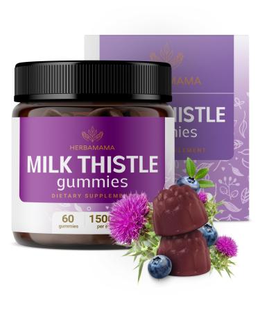 HERBAMAMA Milk Thistle Supplement - 1500mg Milk Thistle Seed Gummies for Liver Cleanse - Vegan Non-GMO Liver Support with Silybum Marianum - 60 Pectin-Based Blueberry-Flavored Chews