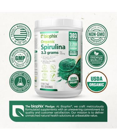 biophix Organic Spirulina Powder 2.2 Lbs 100% Pure Spirulina Blue Green Algae Powder Vegan Non GMO Non-Irradiated USDA Certified Best Protein Superfood - Buy Online on GoSupps.com