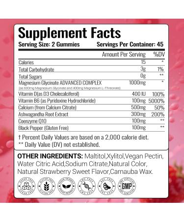Magnesium Glycinate Gummies 1000mg with Calcium, Vitamin D3, B6 & CoQ10 - Strawberry, 90 Count - Calm Supplement for Sleep, Muscle Cramps & Stress Relief | Ashwagandha | Sugar-Free & Vegan Strawberry 90 Count (Pack of 1) - Buy Online on GoSupps.com