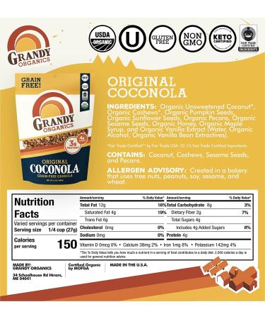 Grandy Organics Original Coconola Gluten Free Granola - Certified Organic, Keto & Paleo Friendly, Non-GMO - 9oz Bags, Bulk Pack of 3 - Buy Online on GoSupps.com
