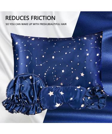 Whaline 4Pcs Body Silk Satin Pillowcase Set with Eye Mask, Scrunchie, and Hair Cap | Starry Dark Blue Sky Theme | Hypoallergenic and Soft Pillow Cover for Hair and Skin - Buy Online on GoSupps.com