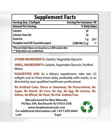 Best Naturals Pumpkin Seed Oil 1000mg - Bladder Control Support - 180 Softgels - Buy Online on GoSupps.com
