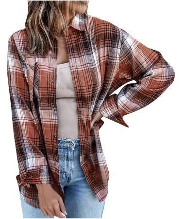Routinfly Womens Autumn Color Block Plaid Jacket - Stylish Button Down Shirt Coat Top in L Orange | Fashion Casual Loose Fit - Buy Online on GoSupps.com