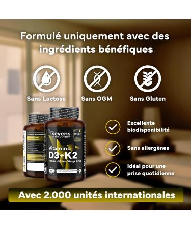 Vitamine D3 K2 MK7 - Vitamin D3 2000UI - Vitamine K2 MK7 100 g - Avec de l'Huile d Olive Vierge - 180 Softgels Sans Gluten - Hautement Dos Haute Biodisponibilit - Os Muscles Syst me Immunitaire - Buy Online on GoSupps.com