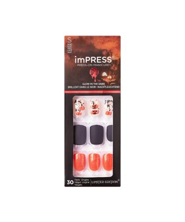 KISS imPRESS Limited Edition Halloween Press-On Nails Glow-In-The-Dark PureFit Technology Hey boo-tiful with Prep Pad Mini File Cuticle Stick & 30 Fake Nails