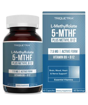 L Methylfolate 7.5mg plus Methyl B12 - Active 5-MTHF Form MTHFR Supplement - Bloodstream Ready Methylated Folate + B12 Cofactor - Supports Mood Homocysteine Methylation Cognition (60 Capsules) Unflavored 60 Count (Pack of 1)