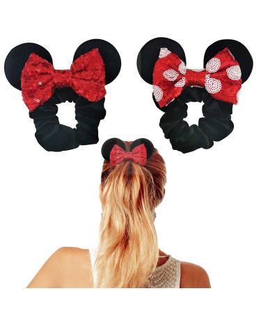 Styla Hair 2 Pack Mouse Ear Scrunchies for Kids Velvet Hair Bow Scrunchies for Women - Sparkle Sequins Mouse Hair Bands for Pony Tail - Red & Black No1 Red Black