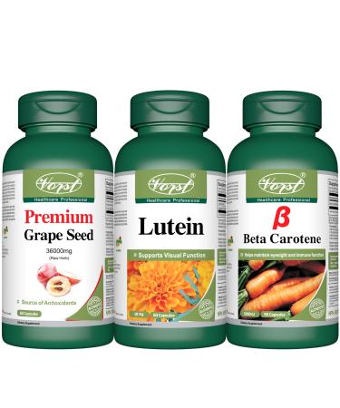 VORST Premium Grape Seed 60 Capsules and Lutein 60 Capsules and Beta Carotene 90 Capsules | Eye Health and Antioxidant supplements | (Combo Bundle 3 Bottles)