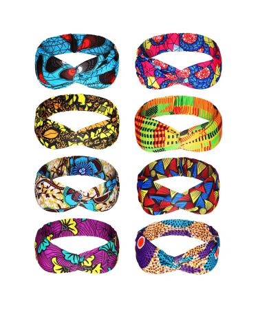 WILLBOND 8 Pieces African Headband Boho Printed Headbands Yoga Sports Workout Headbands Elastic Head Wrap Hair Accessories for Women and Girls Hair Decorations