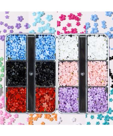 2 Boxes 3D Tiny Flower Nail Charms Colorful White Pink Blue Purple Red Black Spring Blossom Flowers Acrylic Nail Art Decal with Gold Round Beads for Nail Art DIY Crafts Accessories S2-Tiny