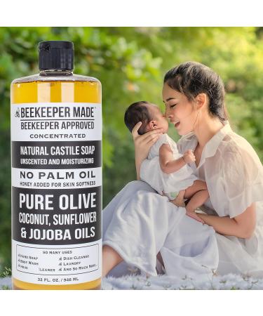 Beekeeper Made Natural Castile Soap 32 fl oz | Palm Oil-Free | Pure Olive, Coconut & Sunflower Oils | GMO Free | Made in USA | For Sensitive Skin (Unscented) - Buy Online on GoSupps.com