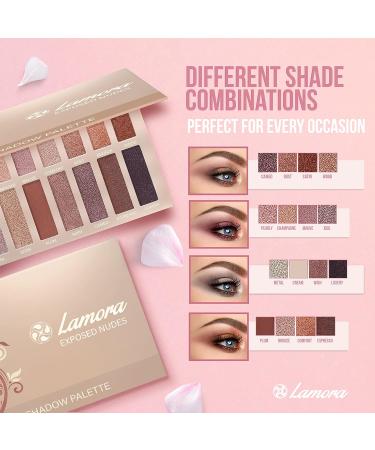 Professional Eyeshadow Palette - 16 Colors, Matte + Shimmer, Highly Pigmented, Natural Bronze Neutral Smoky Shades - Lamora Exposed Nude - Buy Online on GoSupps.com