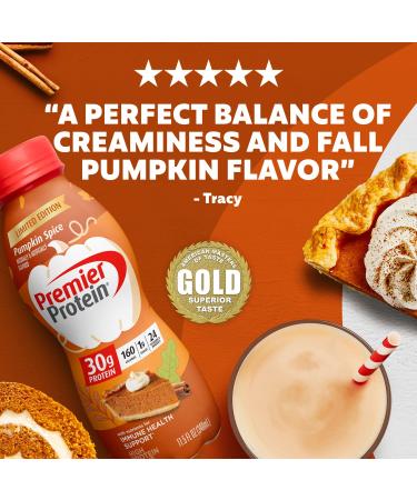 Premier Protein Shake Pumpkin Spice 12 Pack - 30g Protein, 1g Sugar, 24 Vitamins, Immune Support - 138 Fl Oz - Buy Online on GoSupps.com