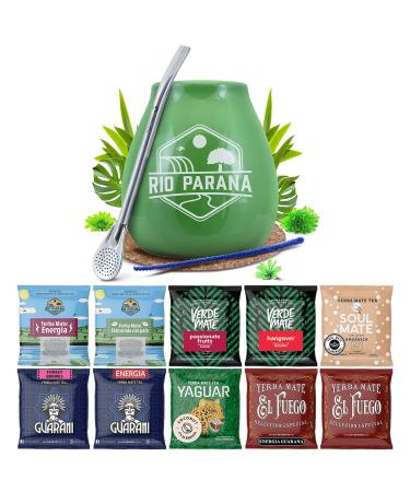 S rie d' chantillons de yerba mat avec accessoires | Yerba mat Yaguar Verde Mate Soul Mate Guarani El Fuego Rio Parana | Calebasse bombilla et accessoires | 10x50g | Caf ine naturelle | 0 5kg