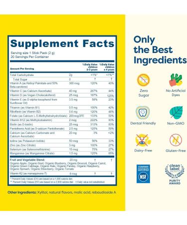 Hiya Kids Multivitamin 15+ Essential Vitamins & Minerals with Fruits & Veggies for Ages 2+, Supports Growth, Development & Immune, 0g Sugar 20 Stick Packs for Toddlers & Kids - Buy Online on GoSupps.com