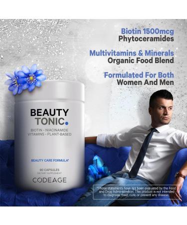 Codeage Biotin Supplement with Vitamin C Vitamin E Vitamin B6 Niacin Folate Organic Food Blend Phytoceramides Astaxanthin Selenium - Beauty Tonic - Hair Skin and Nail Support - Vegan 90 Ct - Buy Online on GoSupps.com