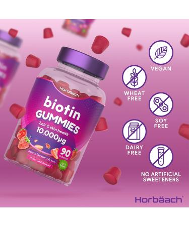 Biotin Gummies 10,000mcg - 90 Vegan Vitamins for Hair Growth & Skin Health - Natural Strawberry Flavour - No Artificial Flavours or Sweeteners | Horbaach - Buy Online on GoSupps.com