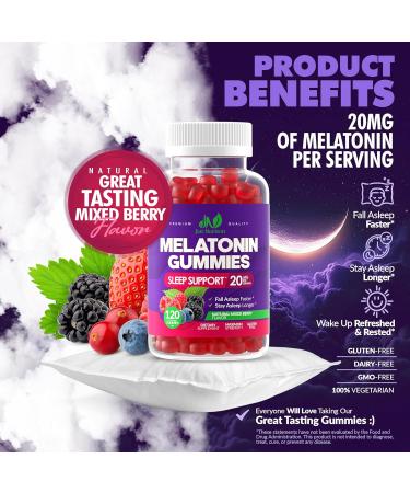 Melatonin 20mg Gummies (120 Count) - Maximum Strength Sleep Support for Adults with 10mg of Melatonin Per Gummy - Gluten-Free, Non-GMO, Vegetarian, Great Tasting Mixed Berry Flavor - 60 Servings 120 Count (Pack of 1) - Buy Online on GoSupps.com