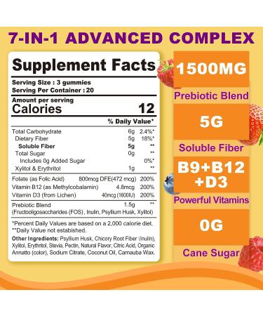 1500mg Sugar-Free Prebiotic Fiber Gummies - 3-in-1 Digestive Support Blend with Psyllium Husk, Inulin - B9, B12, D3 for Health & Regularity - 5G Soluble Fiber - Gut Metabolism - Buy Online on GoSupps.com