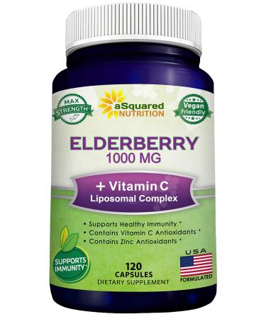 Black Elderberry Capsules with Vitamin C & Zinc Supplement - Elderberry (Sambucus Nigra) 1000mg & Liposomal VIT C - Natural Elderberries Immune Support Booster Pills - 120 Veggie Caps