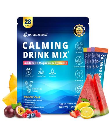 Cortisol Calm Drink Mix with Magnesium Glycinate Powder L-Theanine Vitamins Ashwagandha & Mushroom Calming Powdered Drink Mix for Relax Focus Sleep & Stress Relief Variety 28 Packets