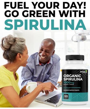 Renew Actives Organic Spirulina 1000MG per 2 Capsules Superfood for Men & Women Supports Energy, Wellness & Immune Function Rich in Antioxidants & Nutrients Made in Canada 60 Capsules - Buy Online on GoSupps.com
