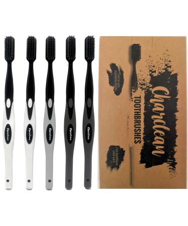 5 Pack Activated Charcoal Infused Toothbrush Ultra Soft Bristles - Naturally Whitening - Ergonomic Soft Touch Handle (Grey)