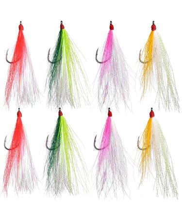 Bucktail Teasers Fishing Hook Kit 8pcs Teaser Fishing Lures with Crystal Flash Skirt Sharp Hook for Catfish Cod Flounder Fluke Trout Saltwater Fishing Jigs 8pcs-(No Eyes)