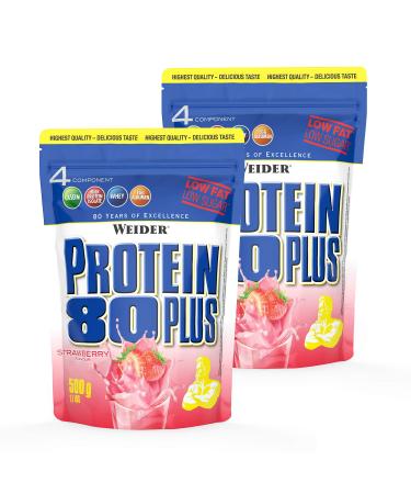 WEIDER Protein 80 Plus protein powder 2 pack strawberry low-carb multi-component casein whey mix for protein shakes 2x500g - Buy Online on GoSupps.com