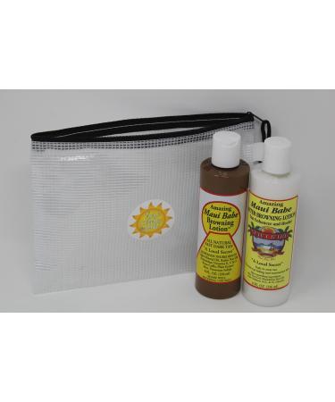 Maui Babe Tanning Lotion Set! Includes Browning Lotion 8 oz  After Browning Lotion 8 oz and Tote Bag! Infused With Skin Nourishing Ingredients! Prevents Tan Fading And Moisturizes Skin!