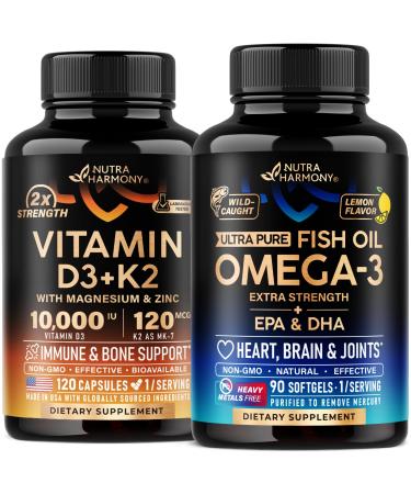 NUTRAHARMONY Vitamin D3 K2 Capsules & Omega 3 Fish Oil Softgels