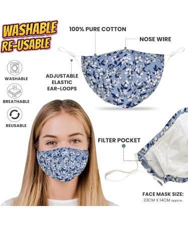 Washable Floral Face Masks for Women with Nose Wire | 3 Layers Cotton | Filter Pocket | Adjustable Ear Loops | Pack of 2 - Buy Online on GoSupps.com