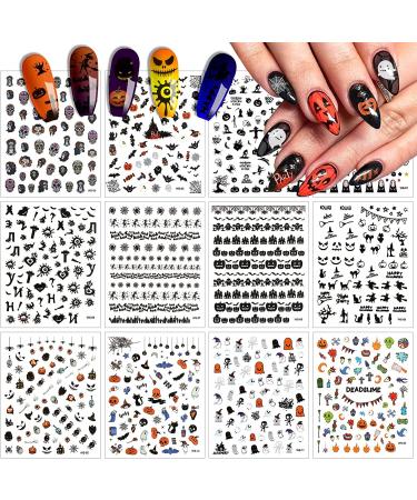 EBANKU 12 Sheets Halloween Nail Art Stickers 3D Self-Adhesive Nail Decals Pumpkins Ghosts Skull Bats Design for Women Girl DIY Halloween Manicure