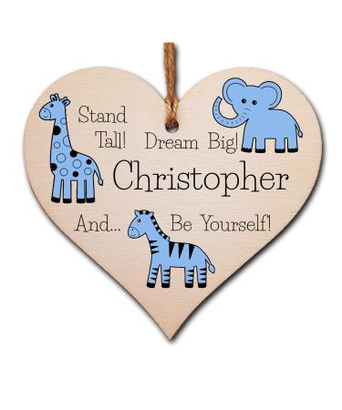 The Plum Penguin Personalised Handmade Wooden Hanging Heart Plaque Gift Be Brave Dream Big And Be Yourself new baby present new parents blue nursery wall decoration Blue Safari Animals - Personalised
