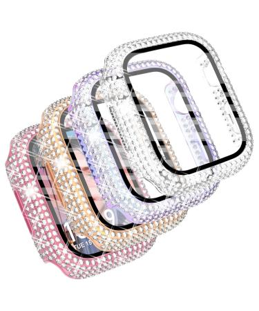 CHANCHY 4-Pack Compatible with Apple Watch Case 44mm Protective Bumper with Screen Protector, 200 Crystal Diamond Bling Cases Cover for Apple Watch SE Series 6 5 4, Rose Gold/Pink/Rainbow/Clear, 44mm Rose Gold/Pink/Iridescent/Clear 44mm