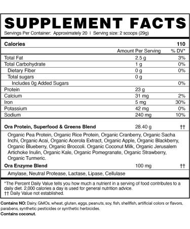Ora Organic Vegan Protein Powder - 21g Plant Based Protein for Women and Men | Keto Paleo Friendly, Non-GMO, Dairy-Free, Soy-Free - Unflavored 20 Servings - Buy Online on GoSupps.com