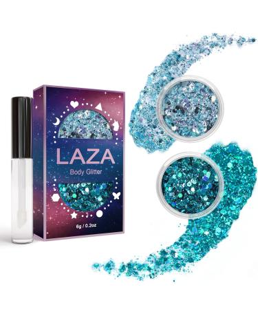 Laza Body Glitter 2 Jars Hologrographic Chunky Sequins with glitter glue perfect for women eyeshadow make -up face paint festival rave outfits hair accessories carnival party costumes - blue ocean