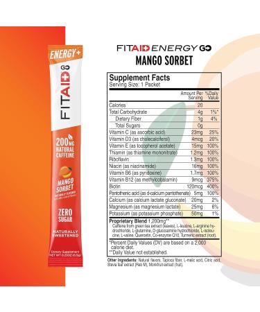 FITAID Energy GO Blend 200mg Caffeine from Green Tea Zero Sugar All-in-One Drink: BCAAs B-Complex COQ-10 Keto Friendly Pre-Workout Drink Paleo Mango Sorbet (Value Pack of 30) Fitaid Energy Go! 200mg Caffeine 30 Ser  - Buy Online on GoSupps.com