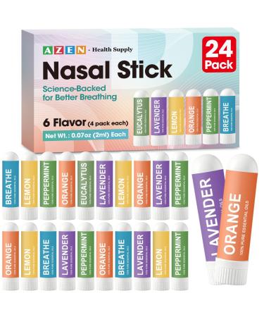 AZEN 24 Pack Nasal Sticks Bulk Portable Inhaler Stick for Nasal Congestion Relief with Essential Oils Focus Boost Non-Medicated Refreshing Vapors