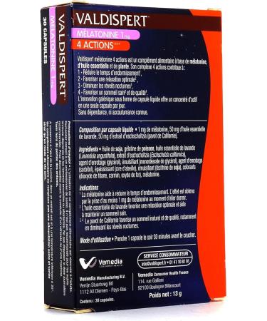 VALDISPERT - Melatonin 1 mg - 4 ACTIONS - 4 Months of TREATMENT - 4 Boxes of 30 Capsules (4) - Buy Online on GoSupps.com