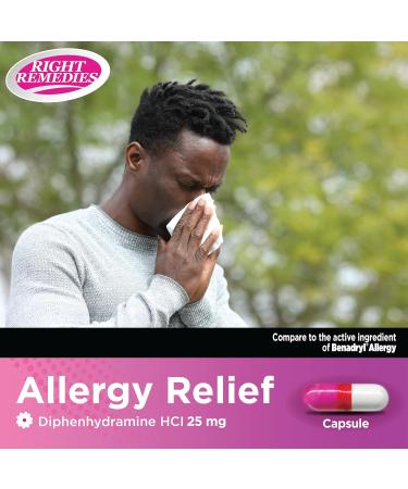 RIGHT REMEDIES Allergy Relief Antihistamine Diphenhydramine HCL 25mg Relieves Seasonal Indoor or Outdoor Allergies Runny Nose Sneezing Allergy Relief (1000 Capsules) - Buy Online on GoSupps.com