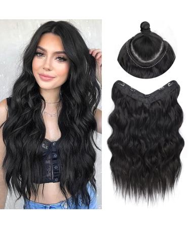 NANNAN Black Clip in Hair Extensions Long Wavy U-Shaped Hair Extension with 5 Secure Clips Synthetic Hairpieces for Women 18 Inch Black