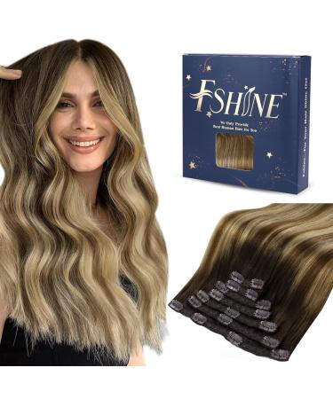 FSHINE Extensions Clips real hair 50 cm balayage medium brown with platinum blond real hair smooth real thick real hair for women 120g 7 pieces #2/3/27 2.6 Clip #2/3/27 50cm